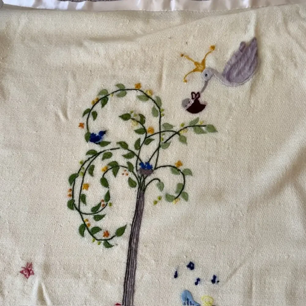 Vintage Embroidered Baby Blanket 33x51 Storybook Nursery Decor Heirloom